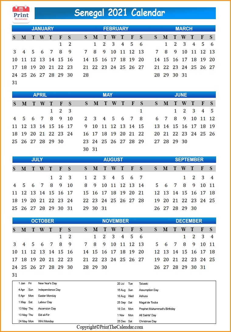 Senegal Calendar 2021